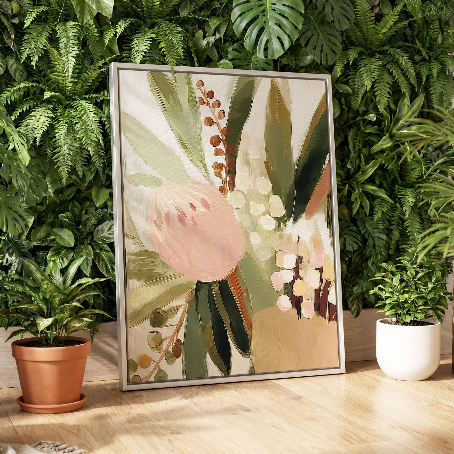 Blush Botanical Reverie, green, beige, pink floral wall art displayed in a styled interior, gallery view 4