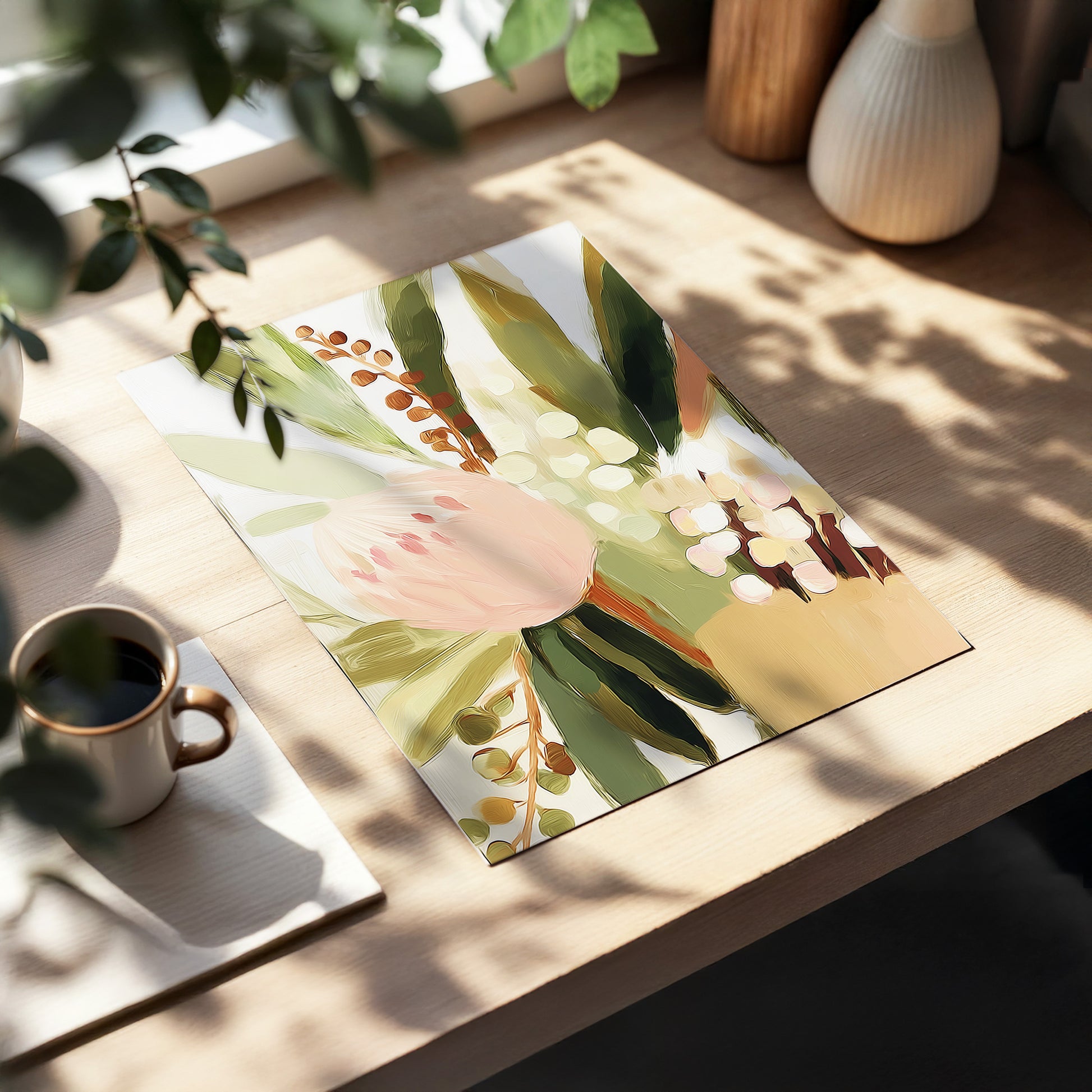 Blush Botanical Reverie, green, beige, pink floral wall art displayed in a styled interior, gallery view 5