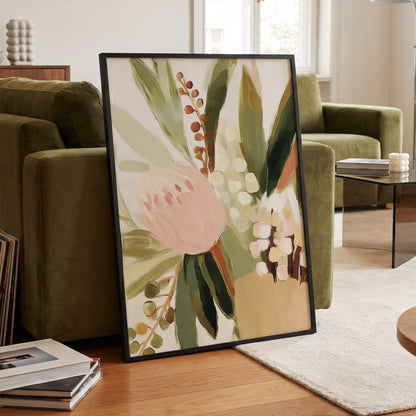 Blush Botanical Reverie, green, beige, pink floral wall art displayed in a styled interior, gallery view 6