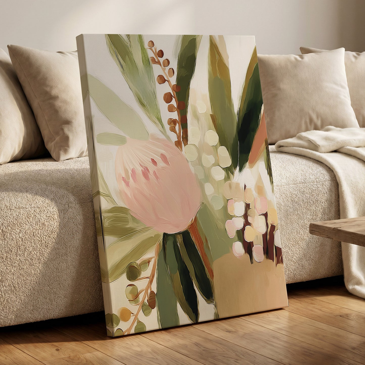 Blush Botanical Reverie, green, beige, pink floral wall art displayed in a styled interior, gallery view 7