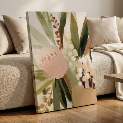 Blush Botanical Reverie, green, beige, pink floral wall art displayed in a styled interior, gallery view 7