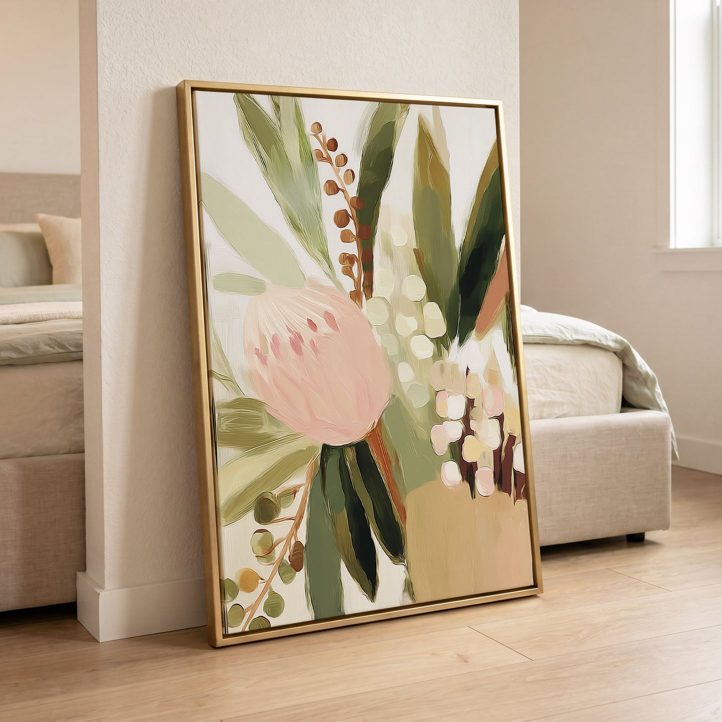 Blush Botanical Reverie, green, beige, pink floral wall art displayed in a styled interior, gallery view 8