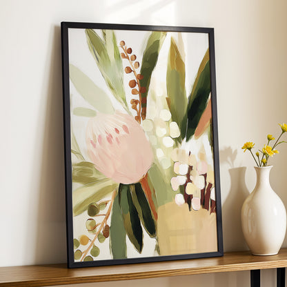 Blush Botanical Reverie, green, beige, pink floral wall art displayed in a styled interior, gallery view 9