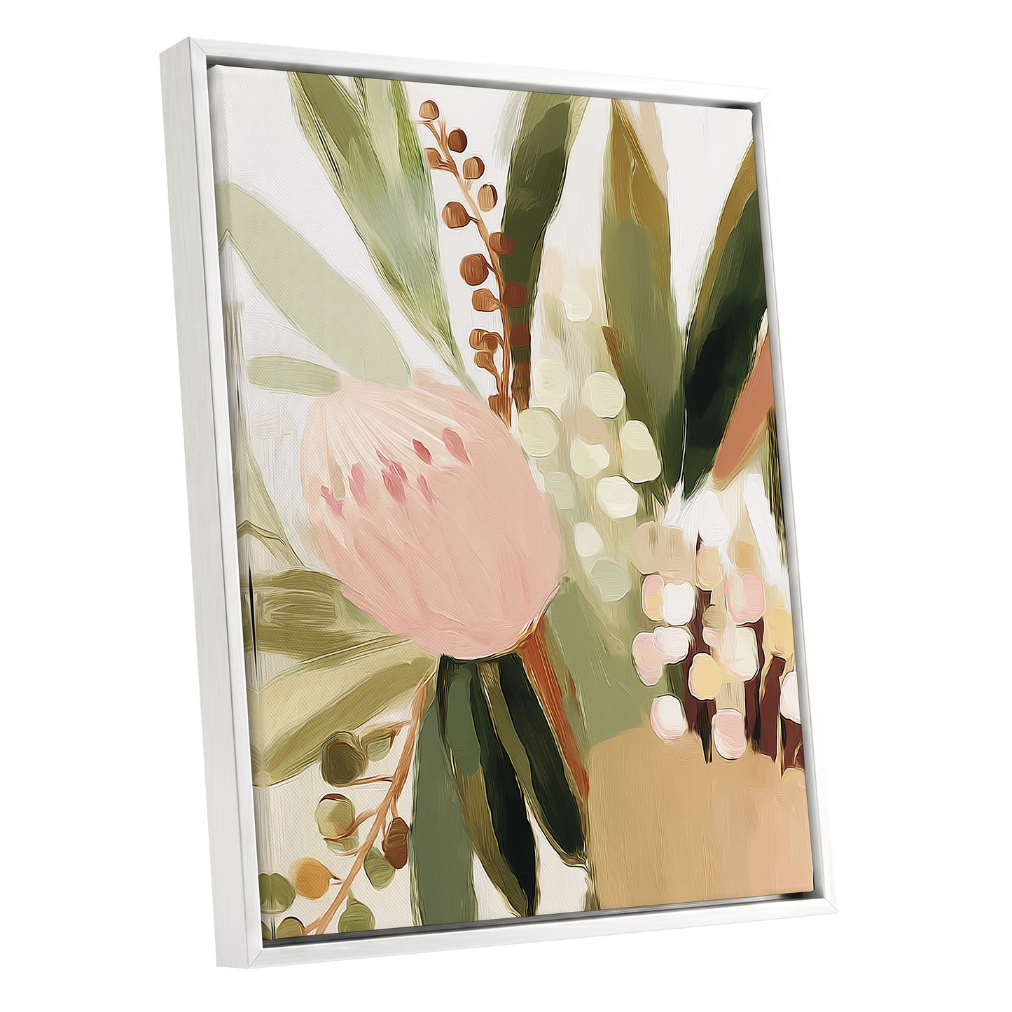 Blush Botanical Reverie, green, beige, pink floral wall art shown as a white framed canvas wall art