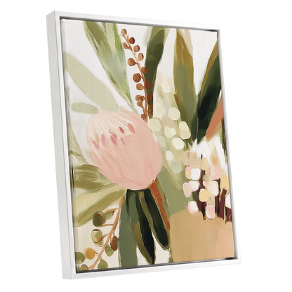 Blush Botanical Reverie, green, beige, pink floral wall art shown as a white framed canvas wall art