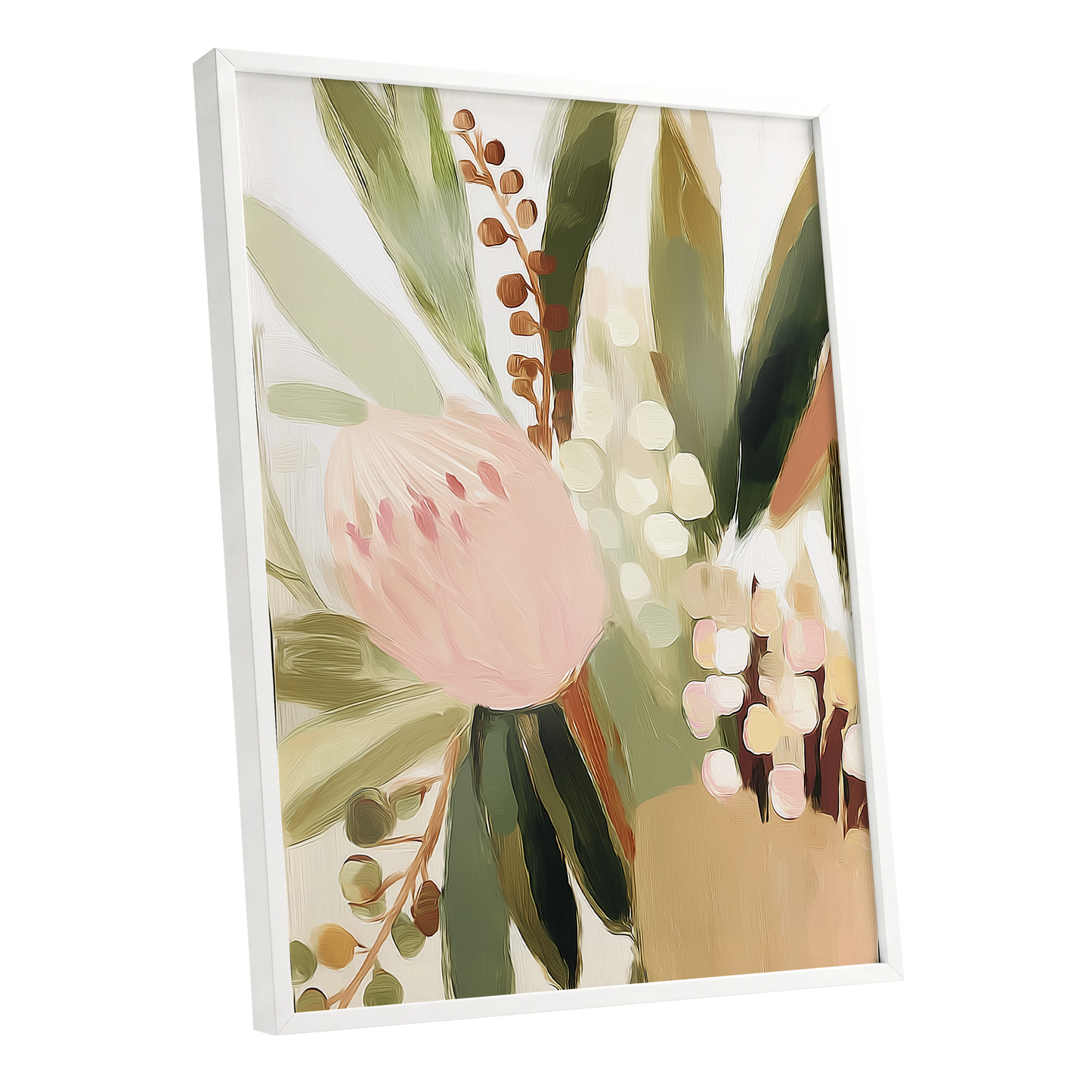 Blush Botanical Reverie, green, beige, pink floral wall art shown as a white framed poster wall art print