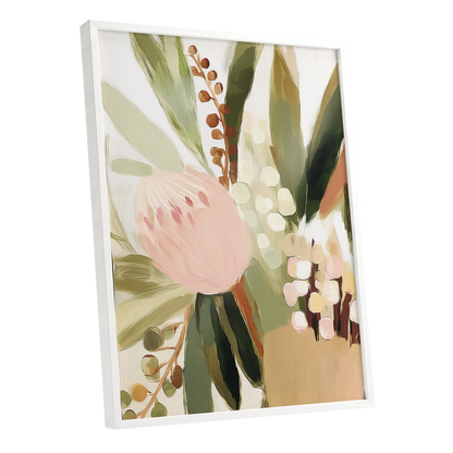 Blush Botanical Reverie, green, beige, pink floral wall art shown as a white framed poster wall art print