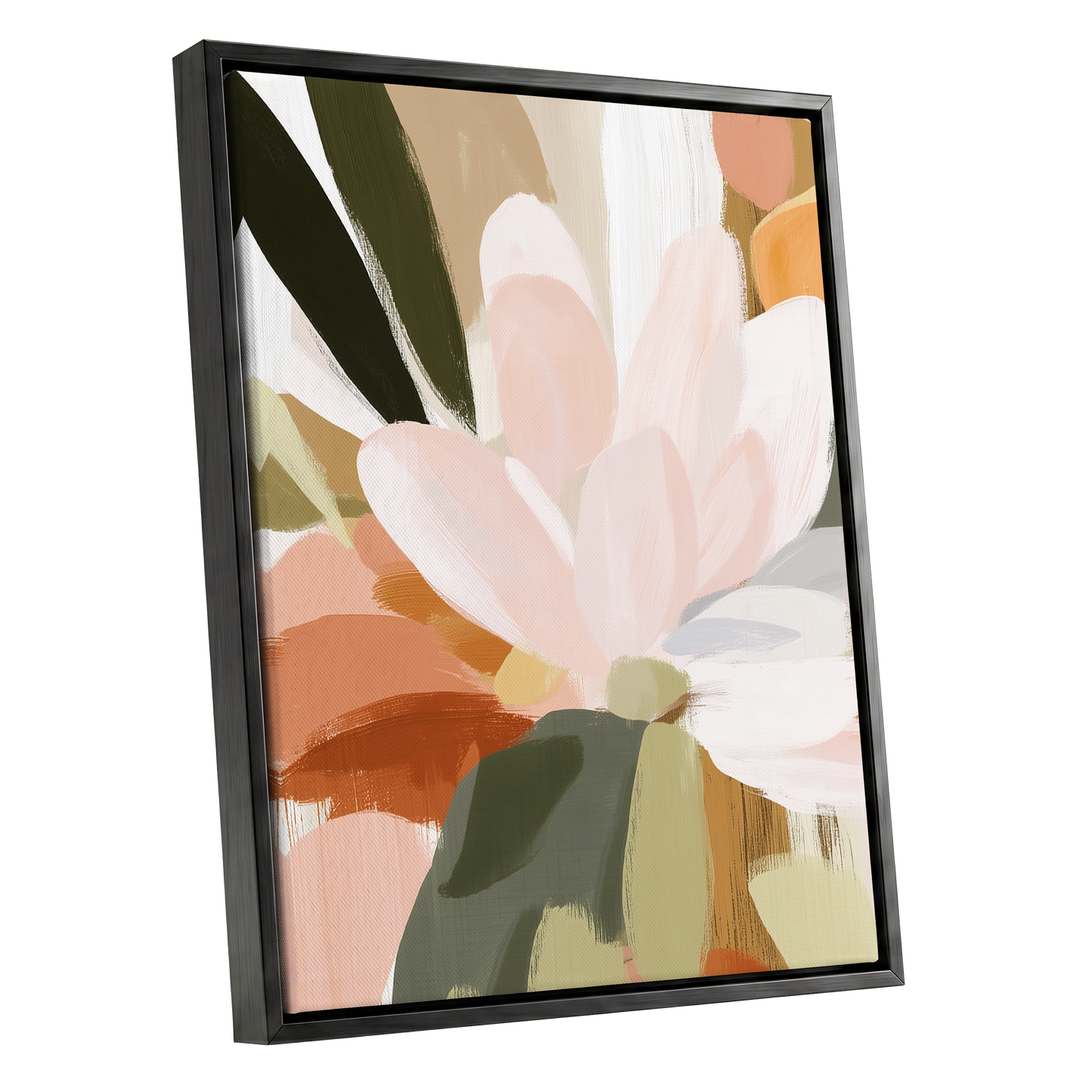 Blush Canopy, pink, white, green floral wall art shown as a black framed canvas wall art