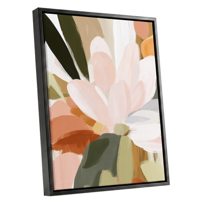 Blush Canopy, pink, white, green floral wall art shown as a black framed canvas wall art