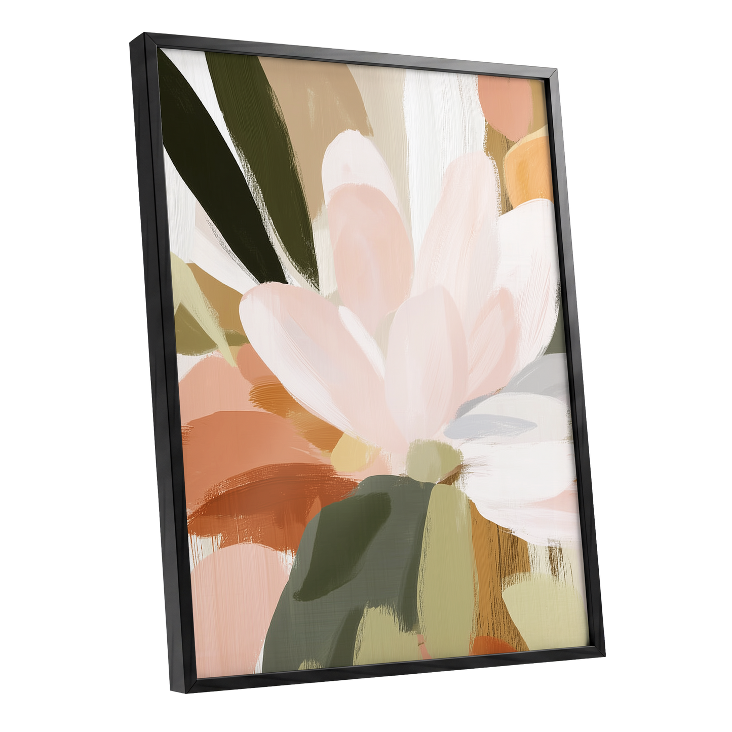 Blush Canopy, pink, white, green floral wall art shown as a black framed poster wall art print