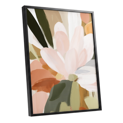 Blush Canopy, pink, white, green floral wall art shown as a black framed poster wall art print