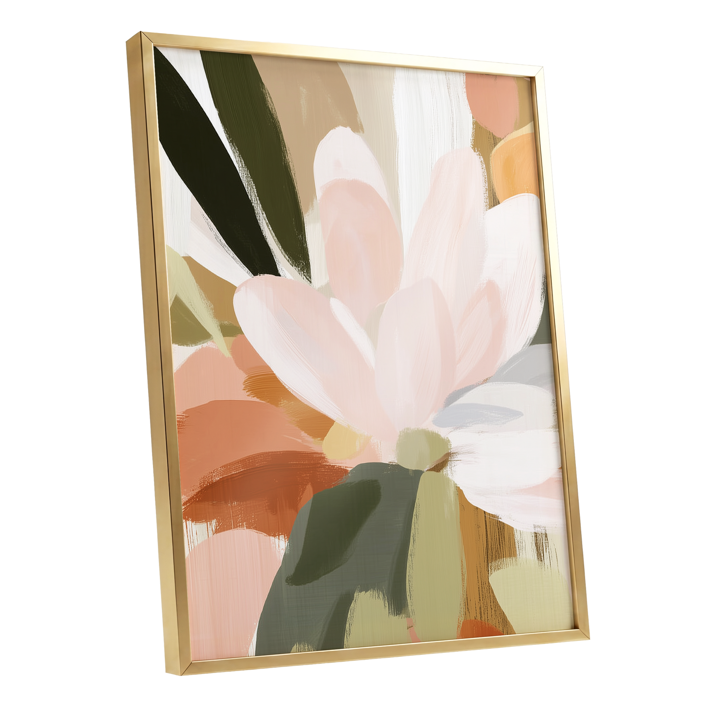 Blush Canopy, pink, white, green floral wall art shown as a gold framed poster wall art print