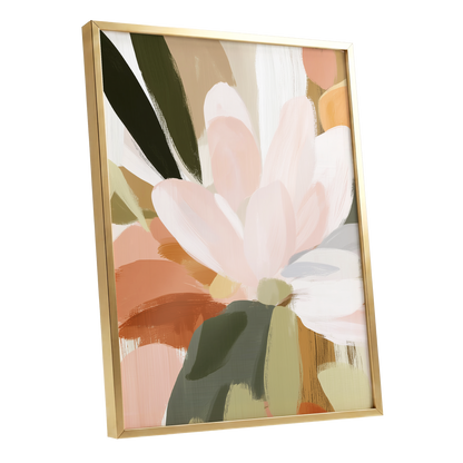 Blush Canopy, pink, white, green floral wall art shown as a gold framed poster wall art print