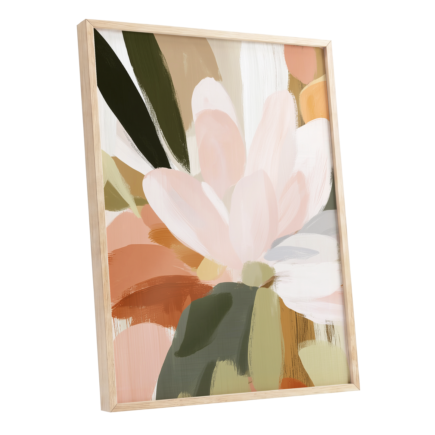 Blush Canopy, pink, white, green floral wall art shown as a oak framed poster wall art print