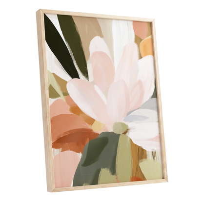 Blush Canopy, pink, white, green floral wall art shown as a oak framed poster wall art print