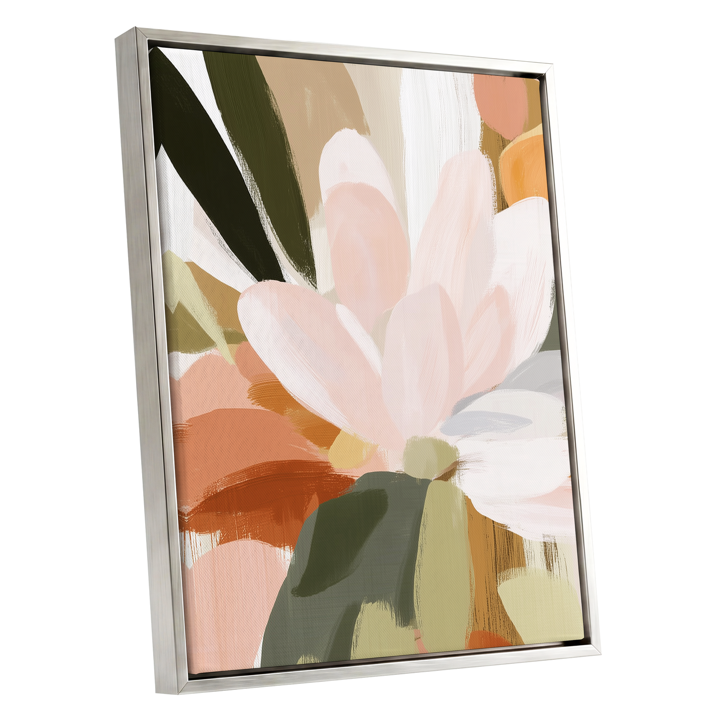 Blush Canopy, pink, white, green floral wall art shown as a silver framed canvas wall art