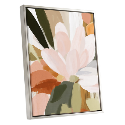 Blush Canopy, pink, white, green floral wall art shown as a silver framed canvas wall art