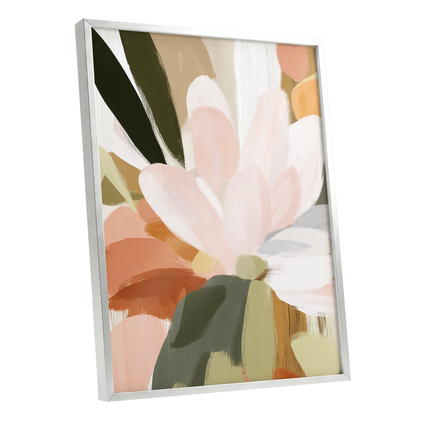 Blush Canopy, pink, white, green floral wall art shown as a silver framed poster wall art print