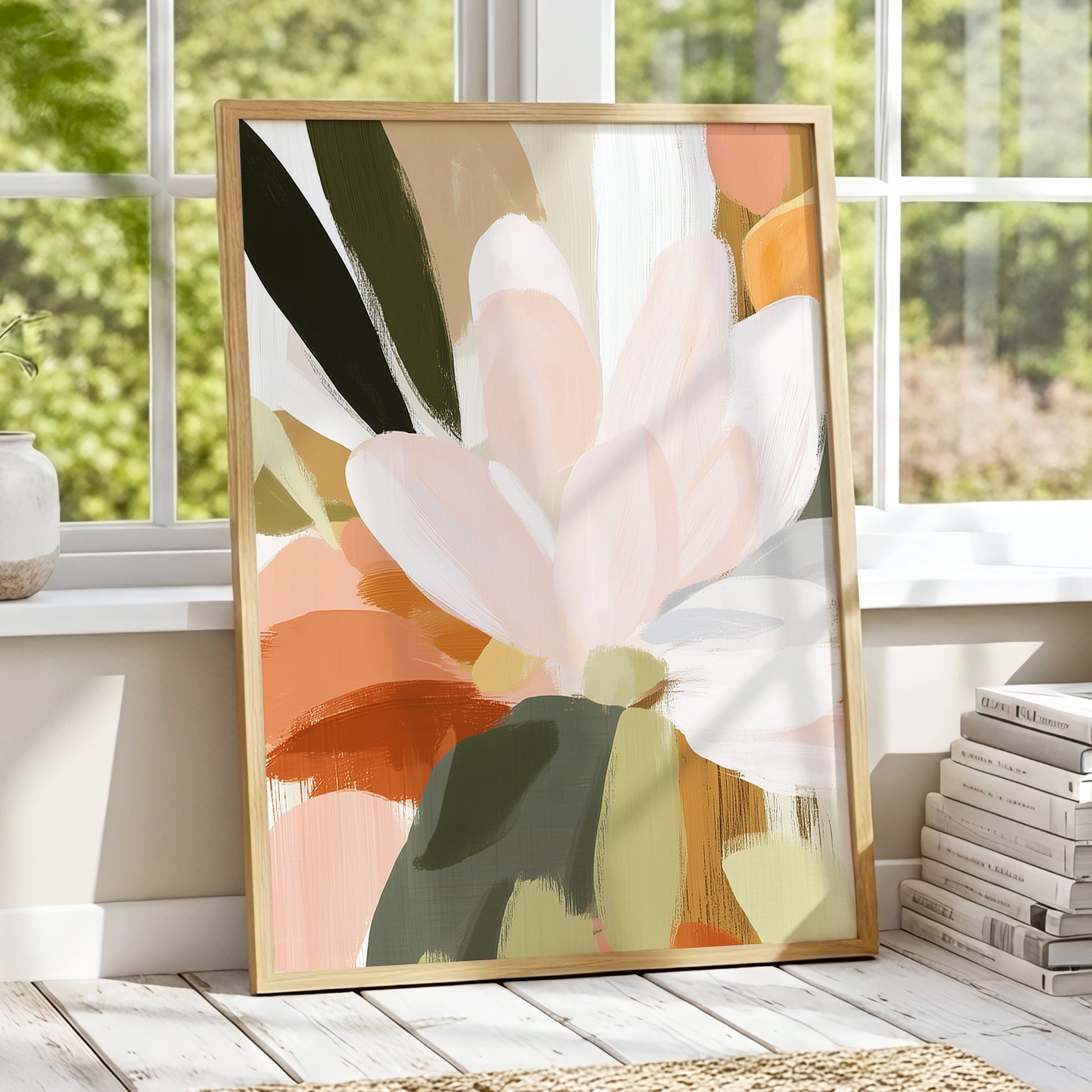 Blush Canopy, pink, white, green floral wall art displayed in a styled interior, gallery view 2