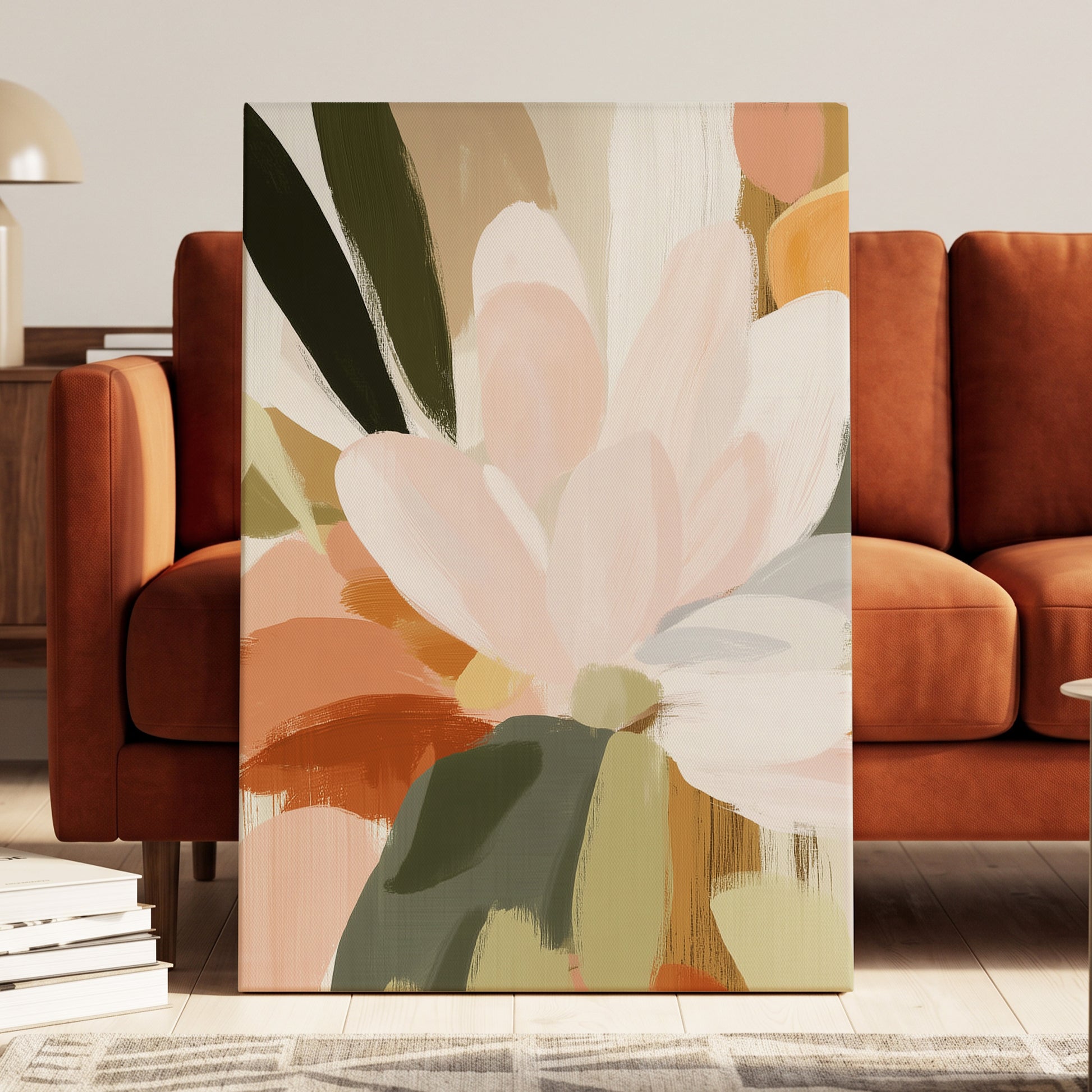 Blush Canopy, pink, white, green floral wall art displayed in a styled interior, gallery view 3