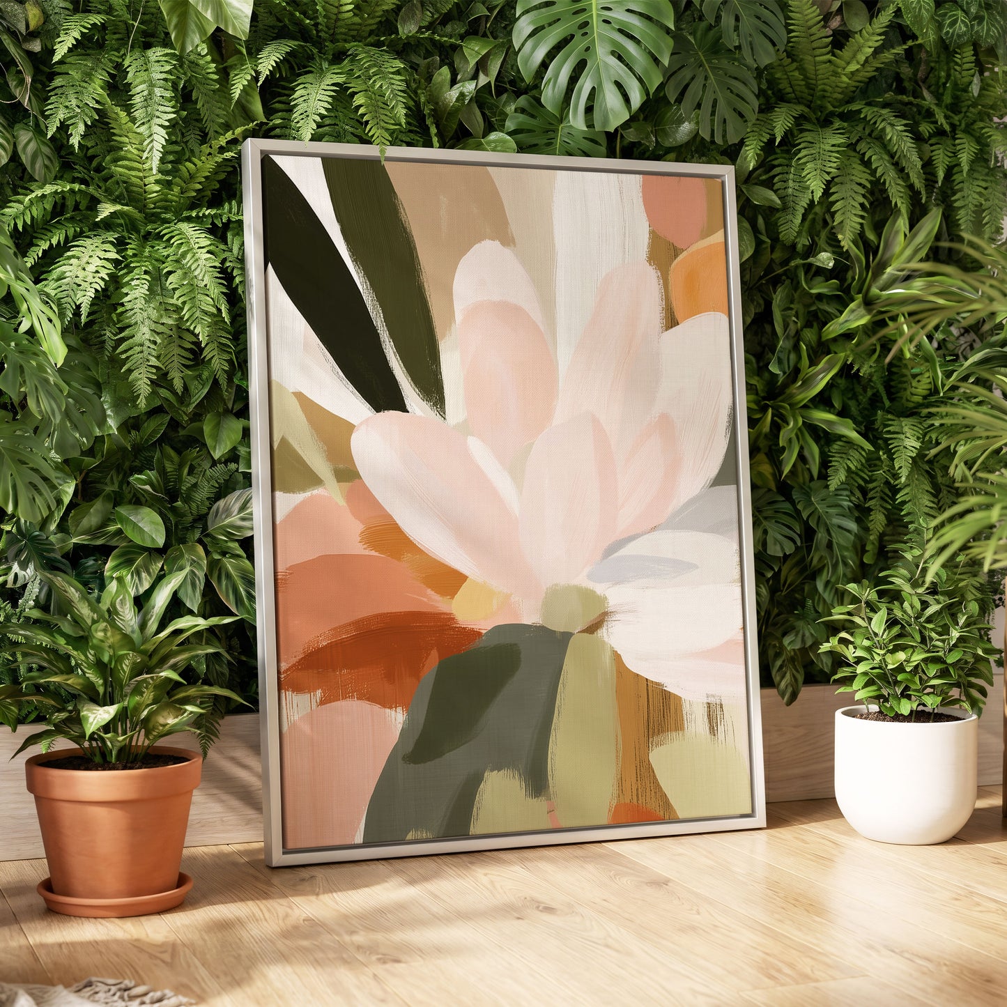 Blush Canopy, pink, white, green floral wall art displayed in a styled interior, gallery view 4