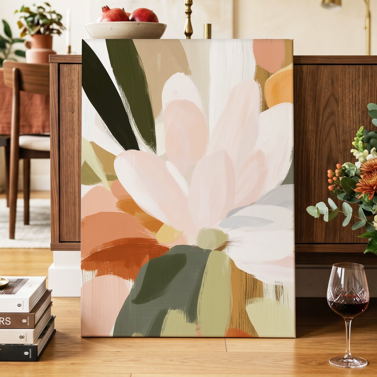 Blush Canopy, pink, white, green floral wall art displayed in a styled interior, gallery view 7