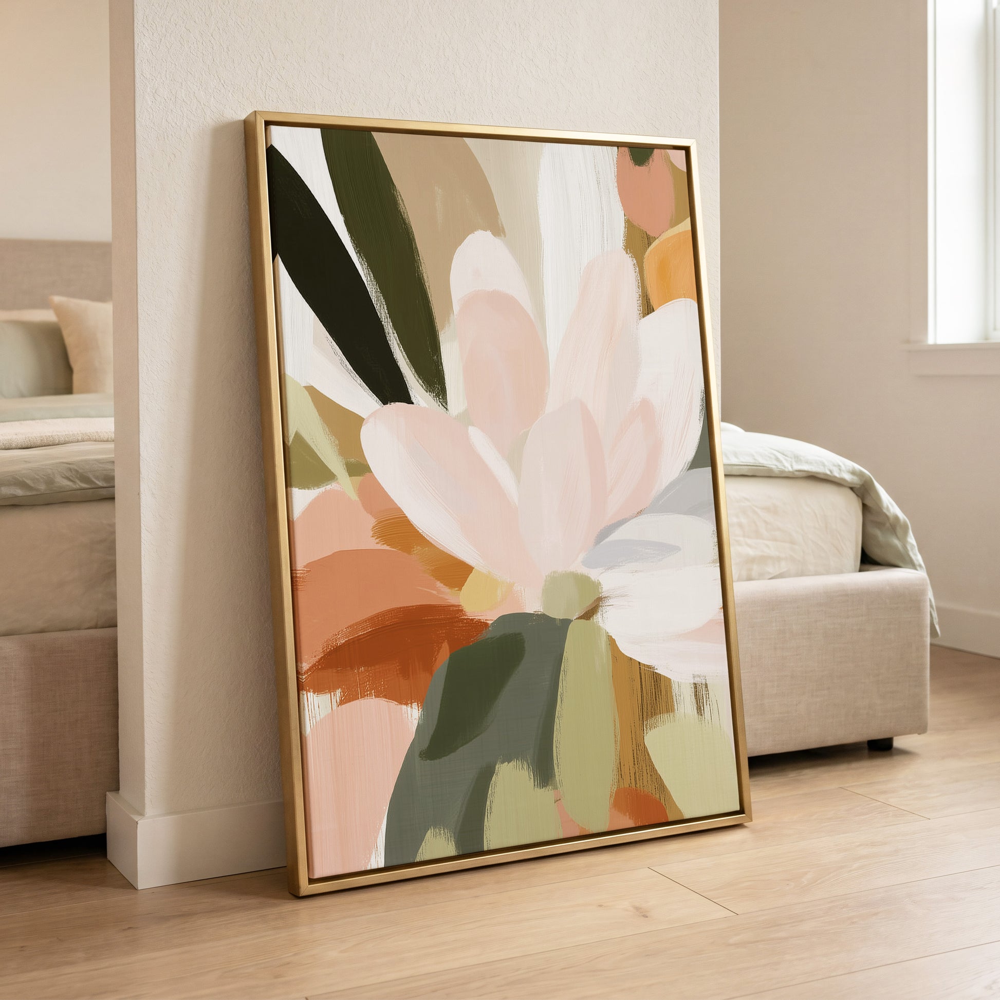 Blush Canopy, pink, white, green floral wall art displayed in a styled interior, gallery view 8