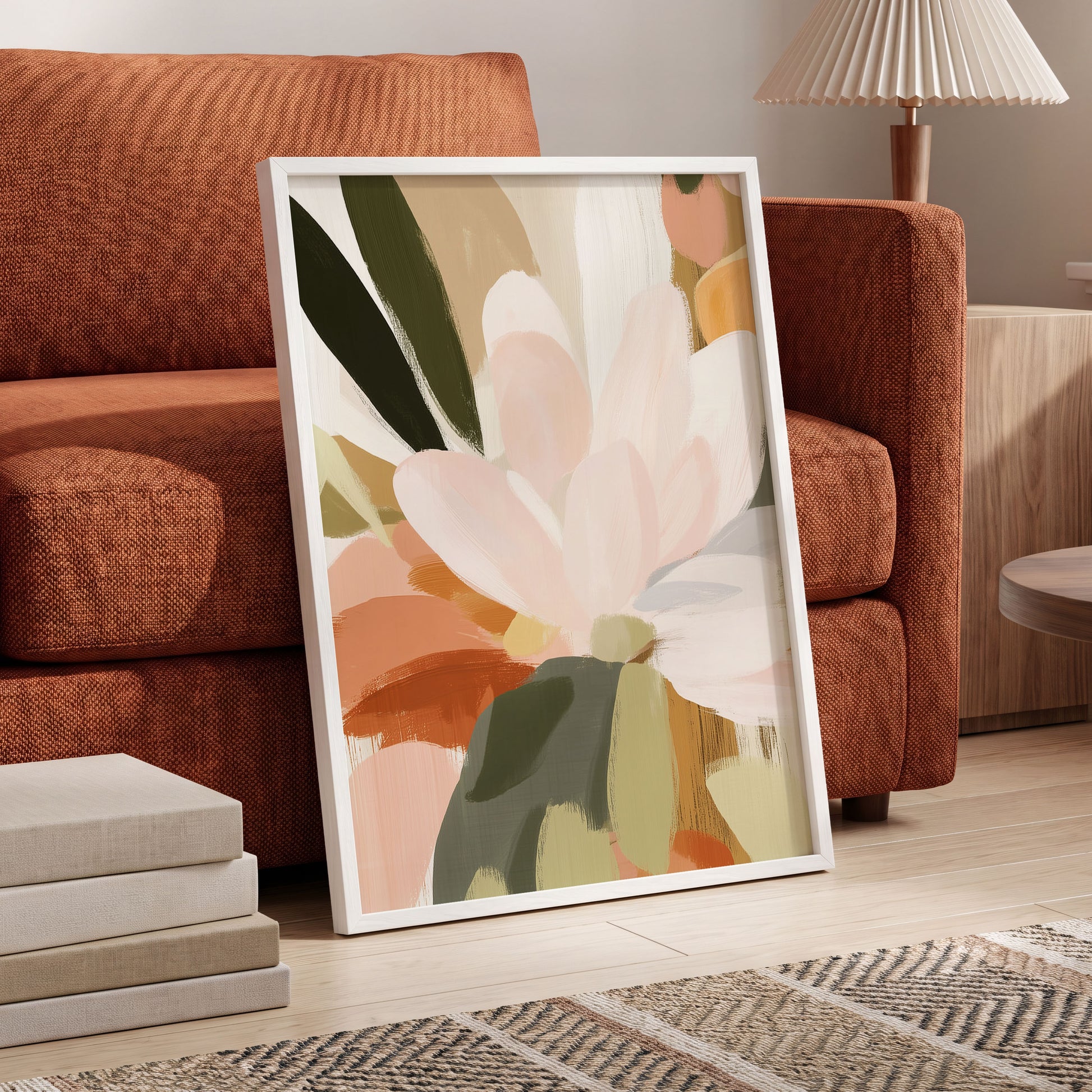 Blush Canopy, pink, white, green floral wall art displayed in a styled interior, gallery view 9