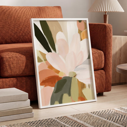 Blush Canopy, pink, white, green floral wall art displayed in a styled interior, gallery view 9