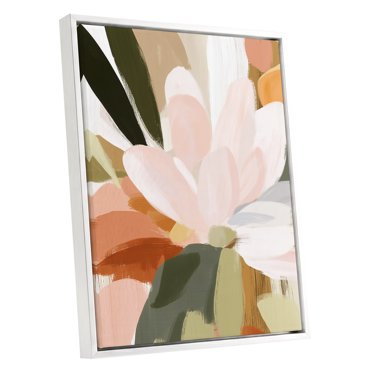 Blush Canopy, pink, white, green floral wall art shown as a white framed canvas wall art