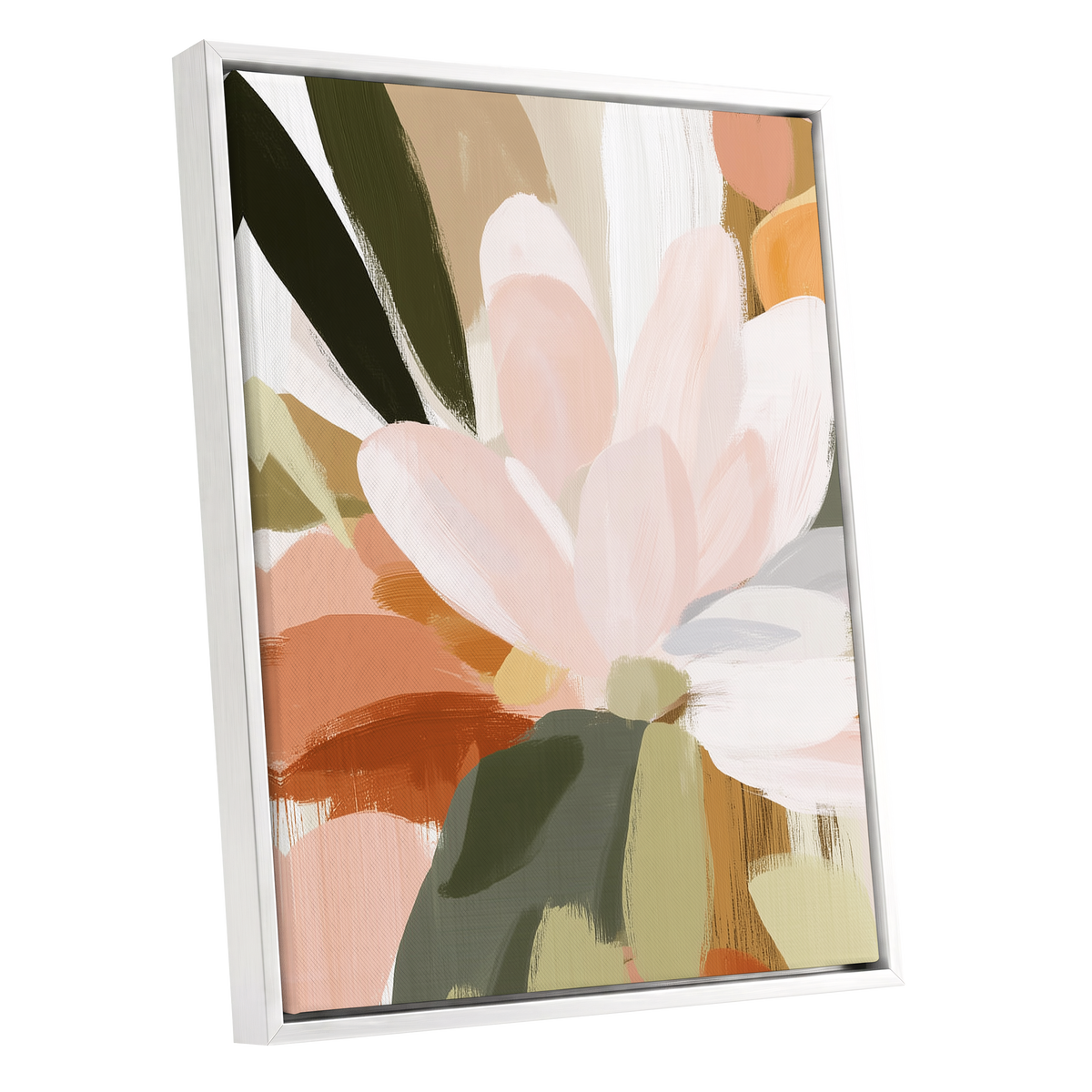 Blush Canopy, pink, white, green floral wall art shown as a white framed canvas wall art
