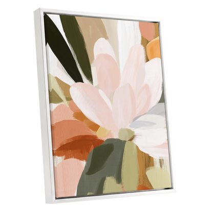 Blush Canopy, pink, white, green floral wall art shown as a white framed canvas wall art