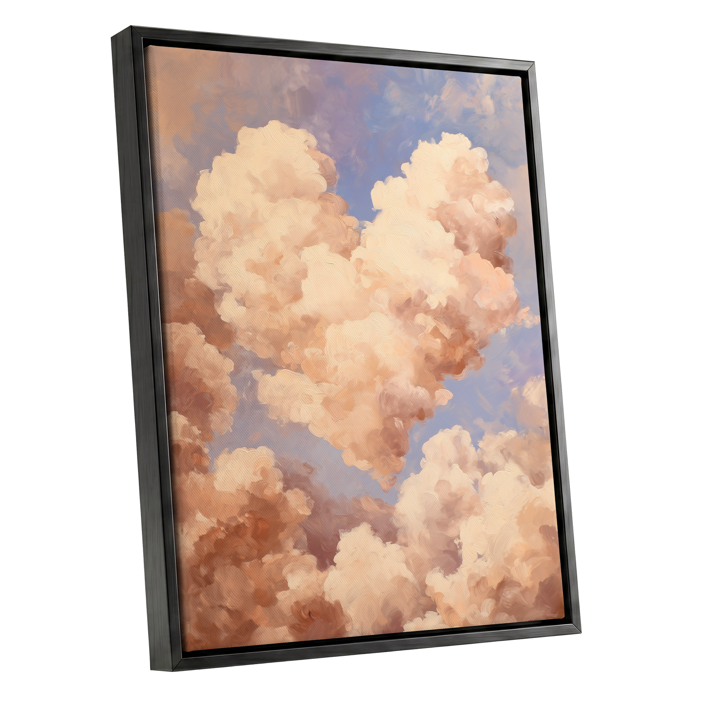 Blush Cloud Reverie, pink, beige, blue nature wall art shown as a black framed canvas wall art