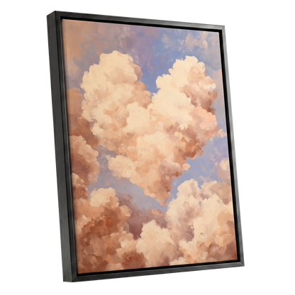 Blush Cloud Reverie, pink, beige, blue nature wall art shown as a black framed canvas wall art