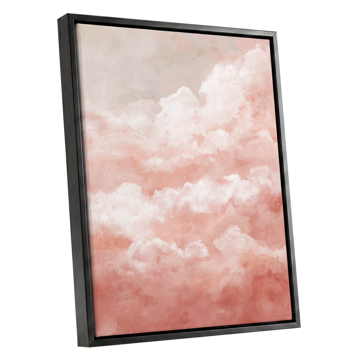 Blush Cloud Reverie, pink, white, beige nature wall art shown as a black framed canvas wall art