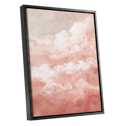 Blush Cloud Reverie, pink, white, beige nature wall art shown as a black framed canvas wall art