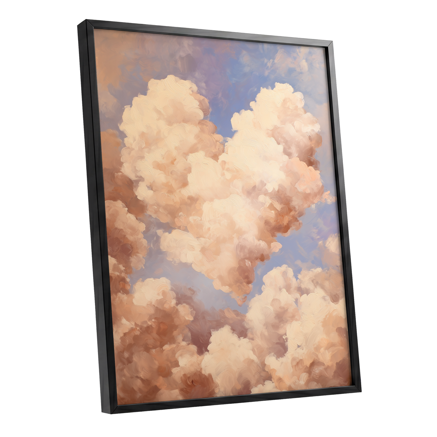 Blush Cloud Reverie, pink, beige, blue nature wall art shown as a black framed poster wall art print