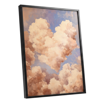 Blush Cloud Reverie, pink, beige, blue nature wall art shown as a black framed poster wall art print