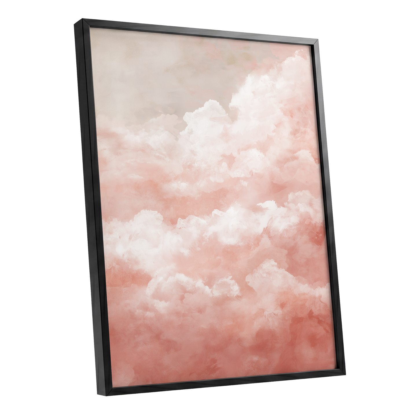 Blush Cloud Reverie, pink, white, beige nature wall art shown as a black framed poster wall art print