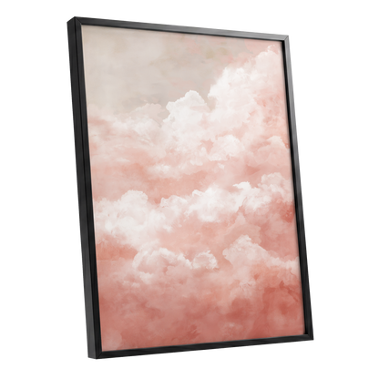 Blush Cloud Reverie, pink, white, beige nature wall art shown as a black framed poster wall art print