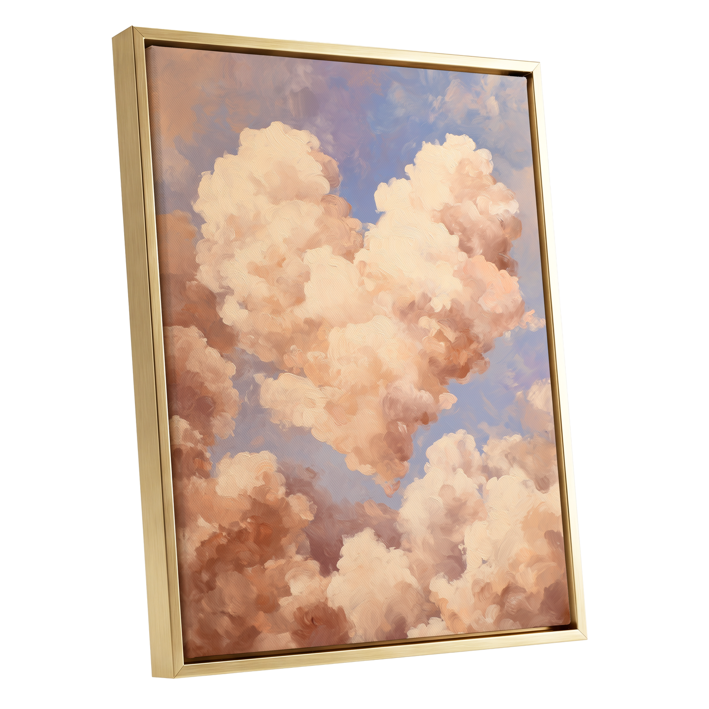 Blush Cloud Reverie, pink, beige, blue nature wall art shown as a gold framed canvas wall art