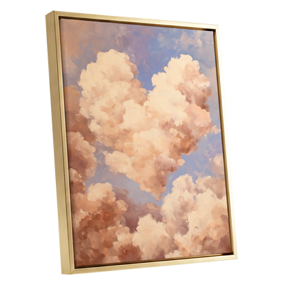 Blush Cloud Reverie, pink, beige, blue nature wall art shown as a gold framed canvas wall art