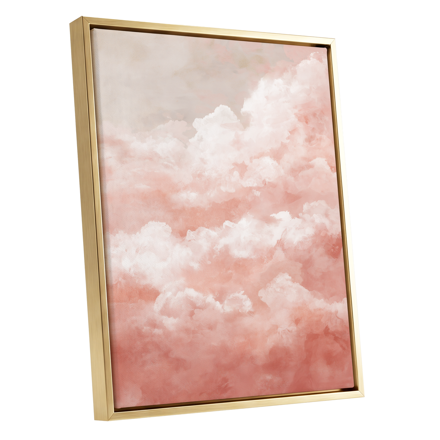 Blush Cloud Reverie, pink, white, beige nature wall art shown as a gold framed canvas wall art