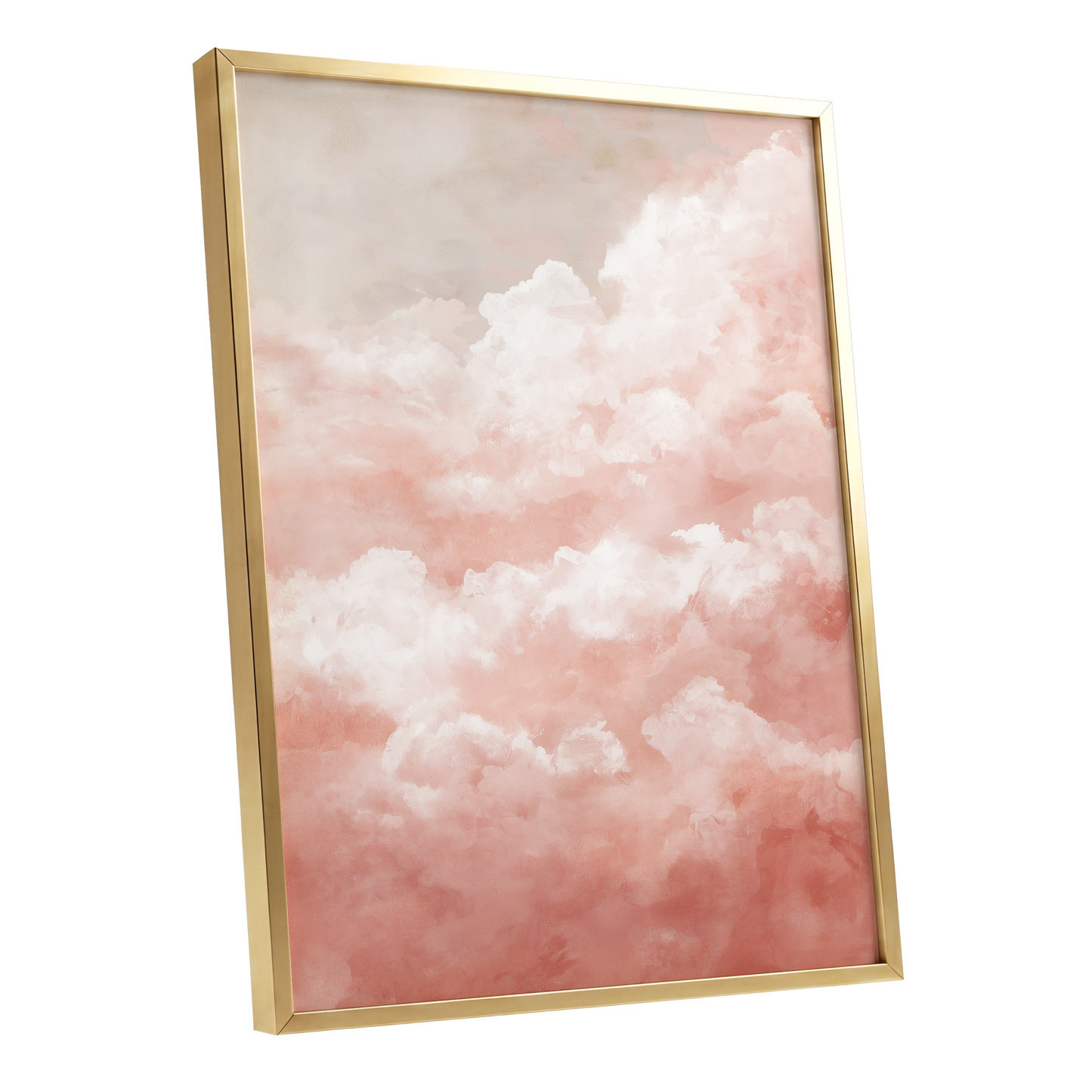 Blush Cloud Reverie, pink, white, beige nature wall art shown as a gold framed poster wall art print