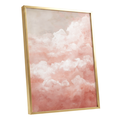 Blush Cloud Reverie, pink, white, beige nature wall art shown as a gold framed poster wall art print