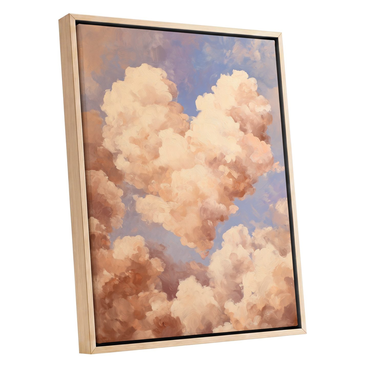 Blush Cloud Reverie, pink, beige, blue nature wall art shown as a oak framed canvas wall art