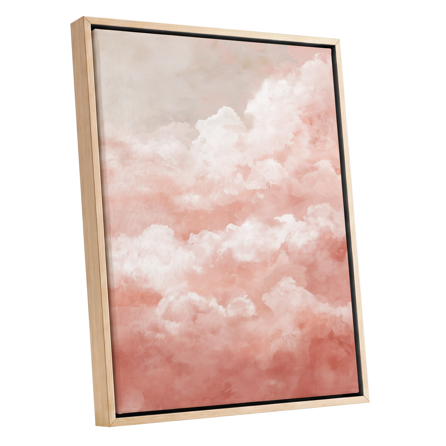 Blush Cloud Reverie, pink, white, beige nature wall art shown as a oak framed canvas wall art