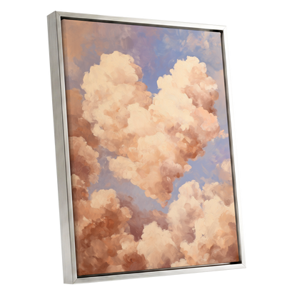 Blush Cloud Reverie, pink, beige, blue nature wall art shown as a silver framed canvas wall art