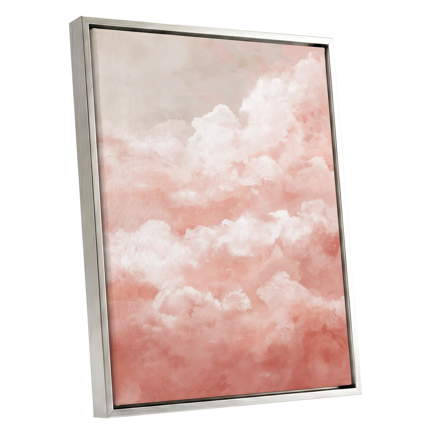 Blush Cloud Reverie, pink, white, beige nature wall art shown as a silver framed canvas wall art