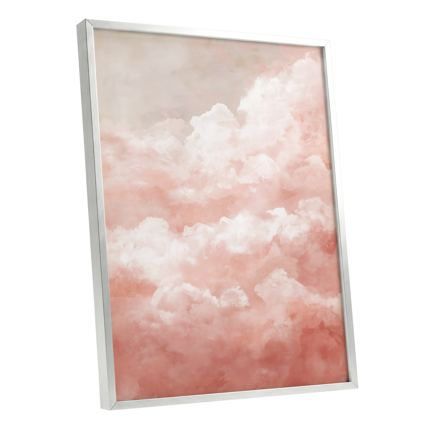 Blush Cloud Reverie, pink, white, beige nature wall art shown as a silver framed poster wall art print